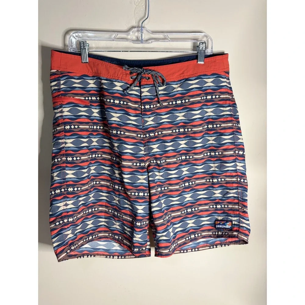 Patagonia Mens Board Shorts Size 35 Blue Red Geometric Wave Print Swim Trunks